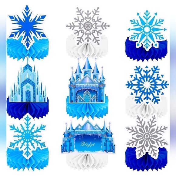 NWT 9 Pcs Frozen Castle Table Decoration Snowflake Honeycomb Centerpieces - Picture 1 of 6